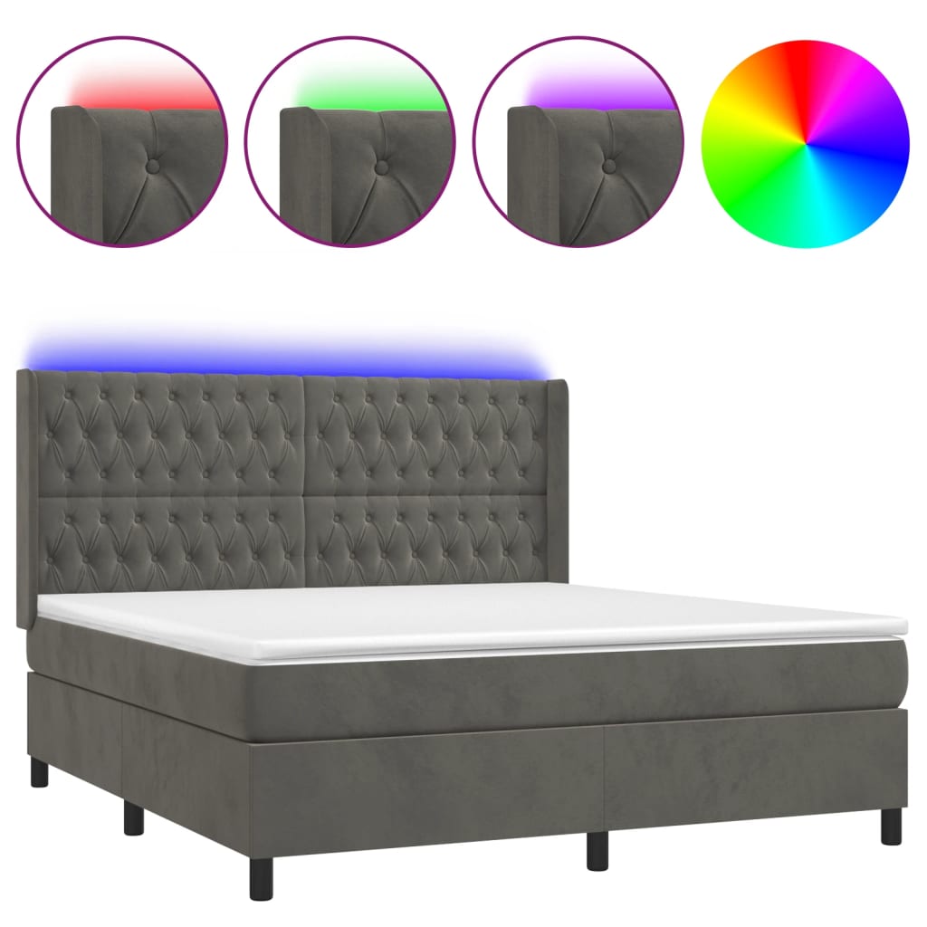 vidaXL Κρεβάτι Boxspring με Στρώμα & LED Σκ. Γκρι 180x200εκ. Βελούδινο