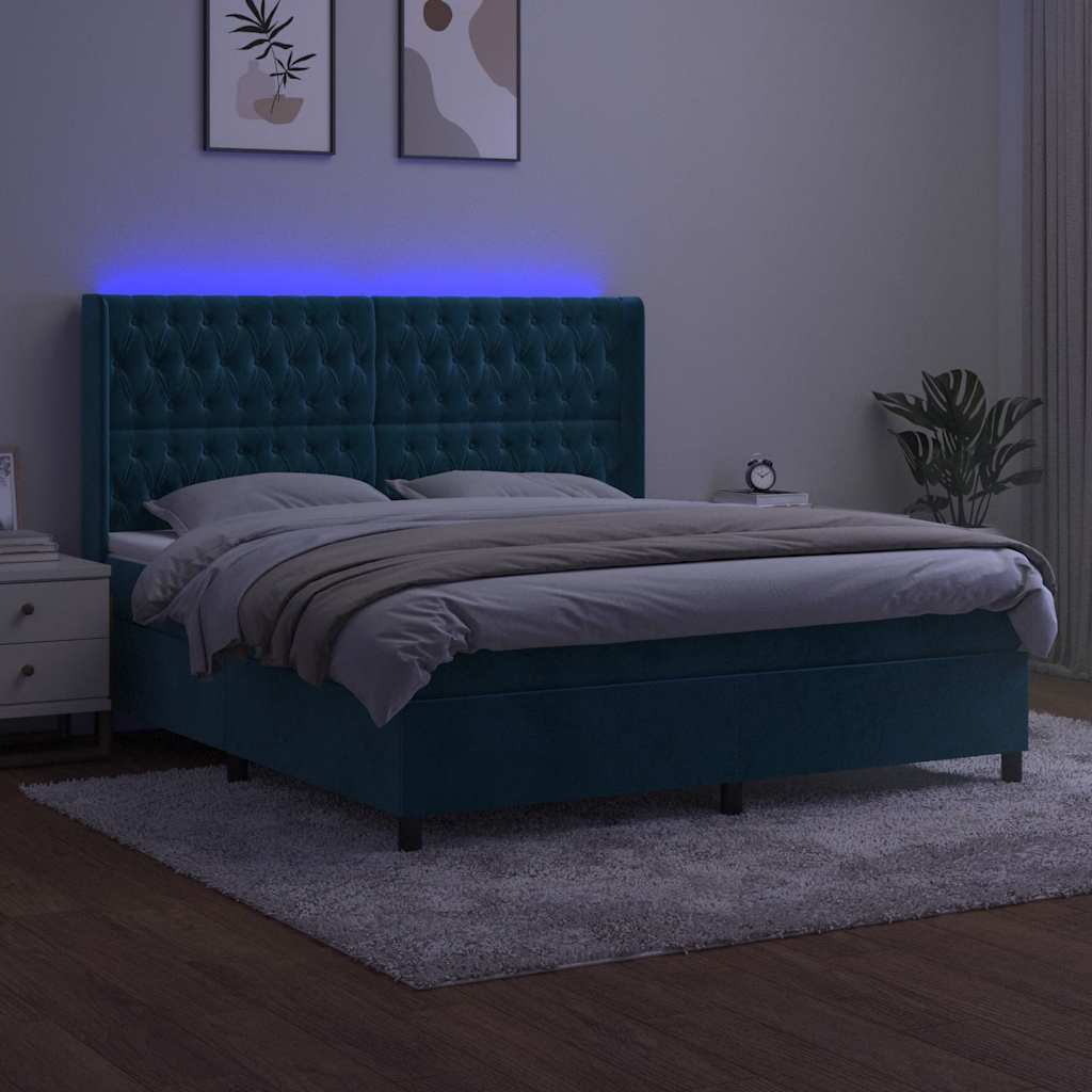 vidaXL Κρεβάτι Boxspring με Στρώμα & LED Σκ. Μπλε 180x200εκ. Βελούδινο
