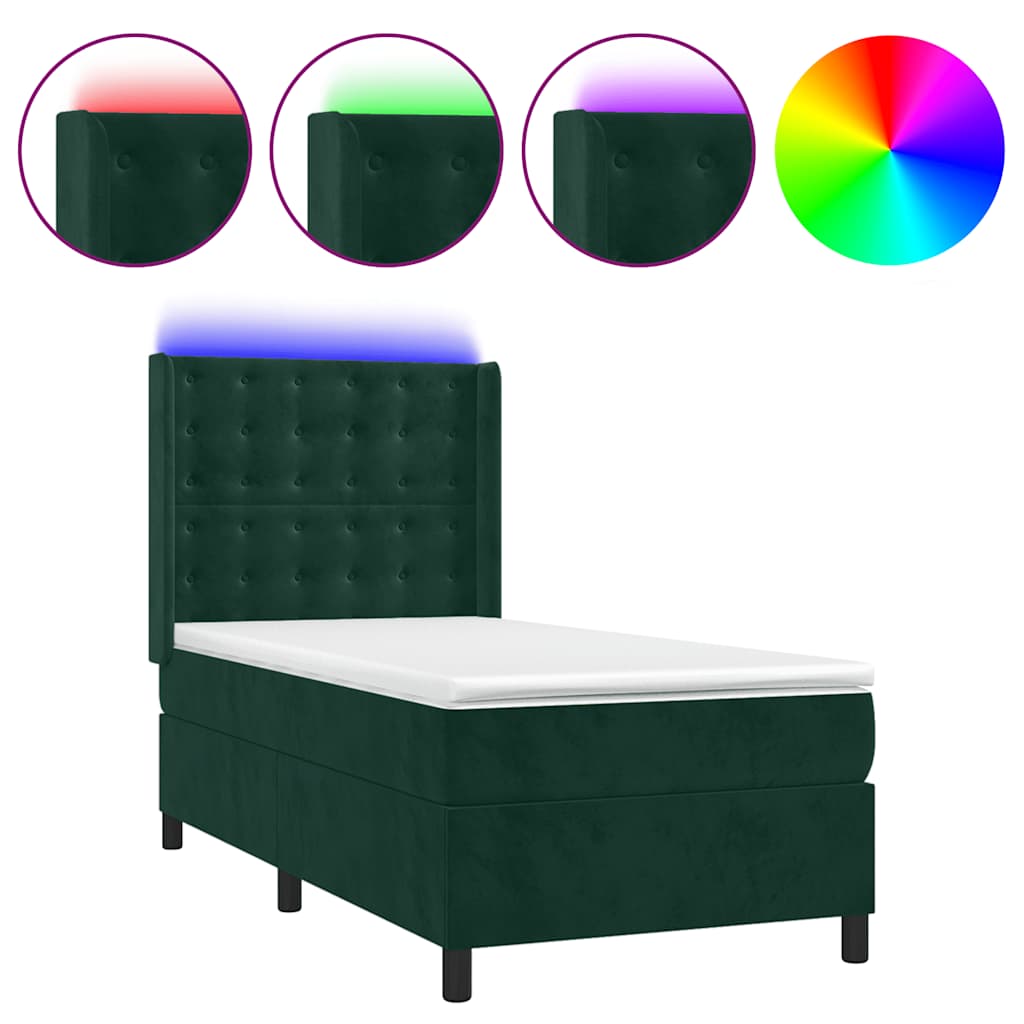 vidaXL Κρεβάτι Boxspring με Στρώμα & LED Σκ. Πράσινο 90x190 εκ Βελούδο