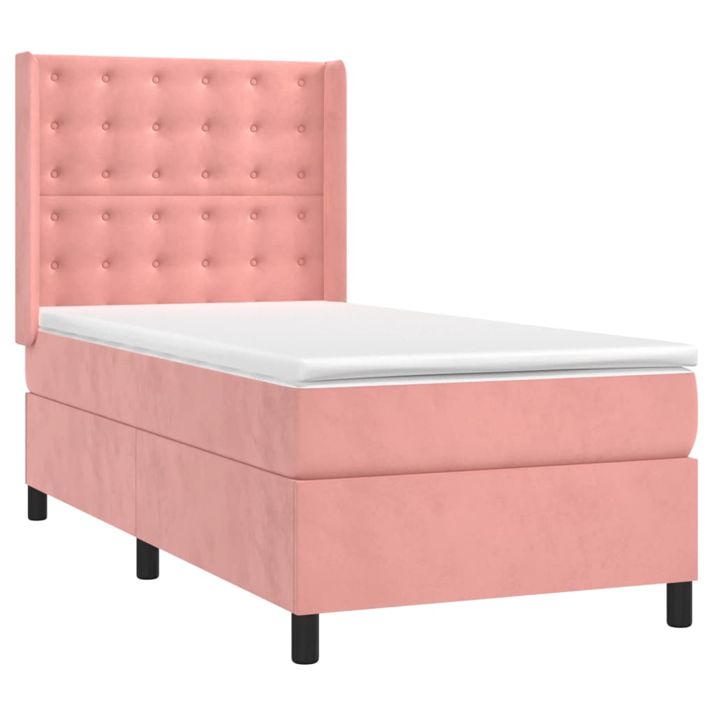 vidaXL Κρεβάτι Boxspring με Στρώμα & LED Ροζ 90x200 εκ. Βελούδινο