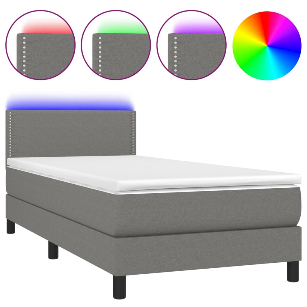 vidaXL Κρεβάτι Boxspring με Στρώμα & LED Σκ.Γκρι 90x190 εκ. Υφασμάτινο
