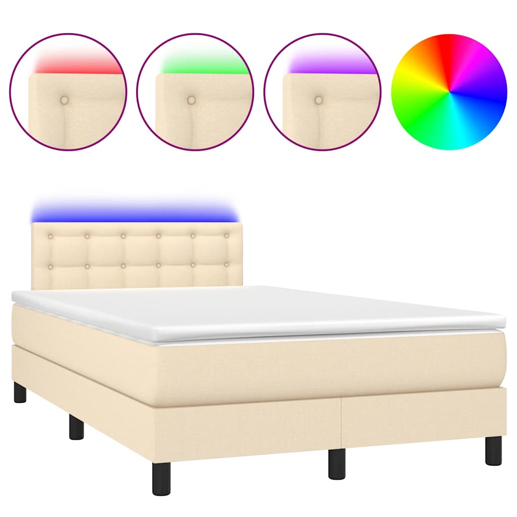 vidaXL Κρεβάτι Boxspring με Στρώμα & LED Κρεμ 120x200 εκ. Υφασμάτινο