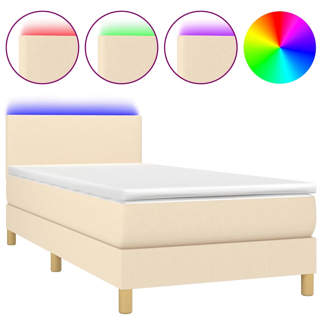 vidaXL Κρεβάτι Boxspring με Στρώμα & LED Κρεμ 90x190 εκ. Υφασμάτινο