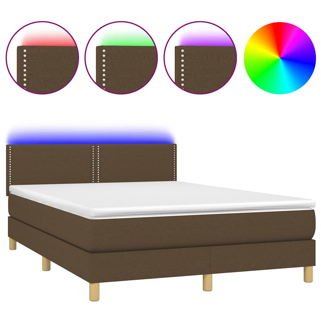 vidaXL Κρεβάτι Boxspring με Στρώμα & LED Σκ.Καφέ 140x190 εκ Υφασμάτινο