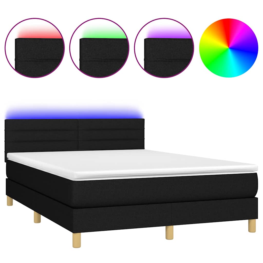 vidaXL Κρεβάτι Boxspring με Στρώμα & LED Μαύρο 140x200 εκ. Υφασμάτινο