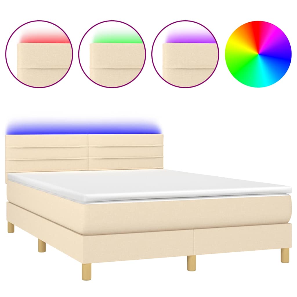 vidaXL Κρεβάτι Boxspring με Στρώμα & LED Κρεμ 140x200 εκ. Υφασμάτινο