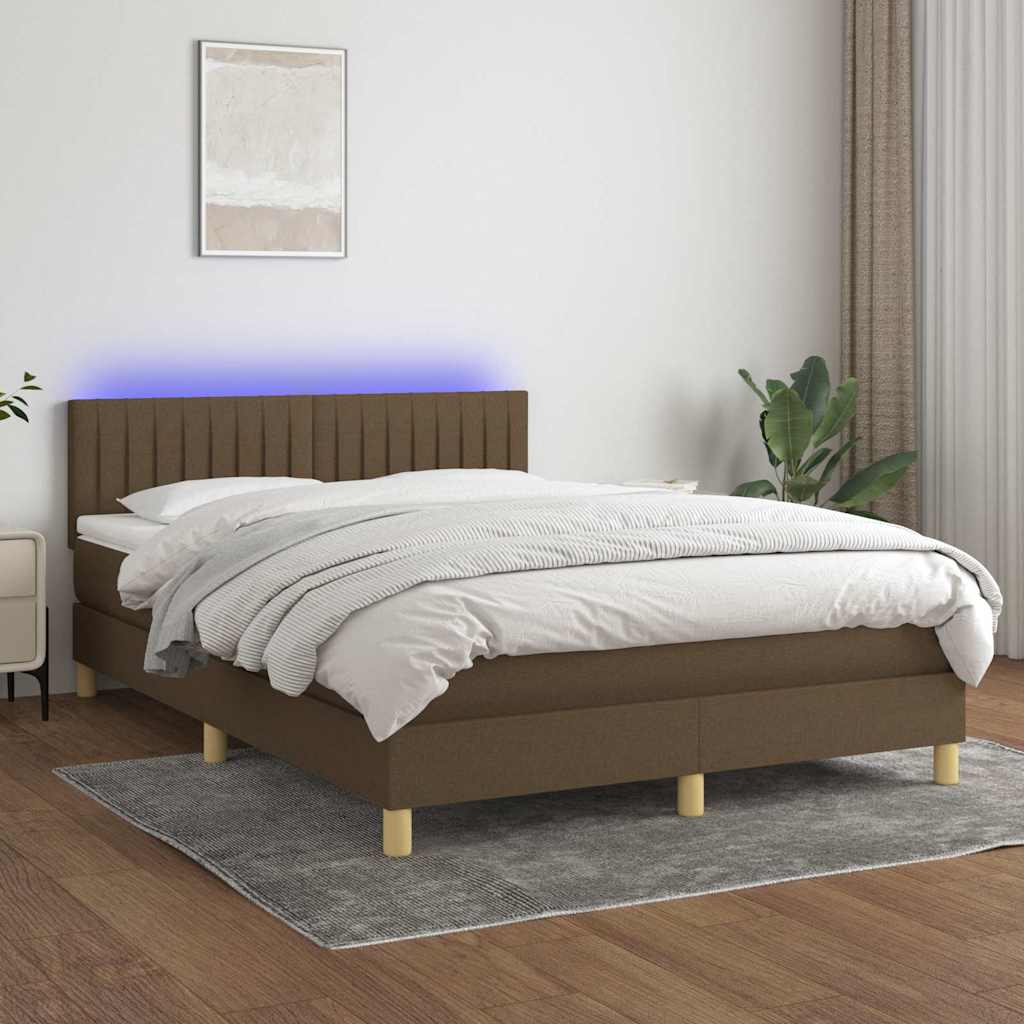 vidaXL Κρεβάτι Boxspring με Στρώμα & LED Σκ.Καφέ 140x190 εκ Υφασμάτινο