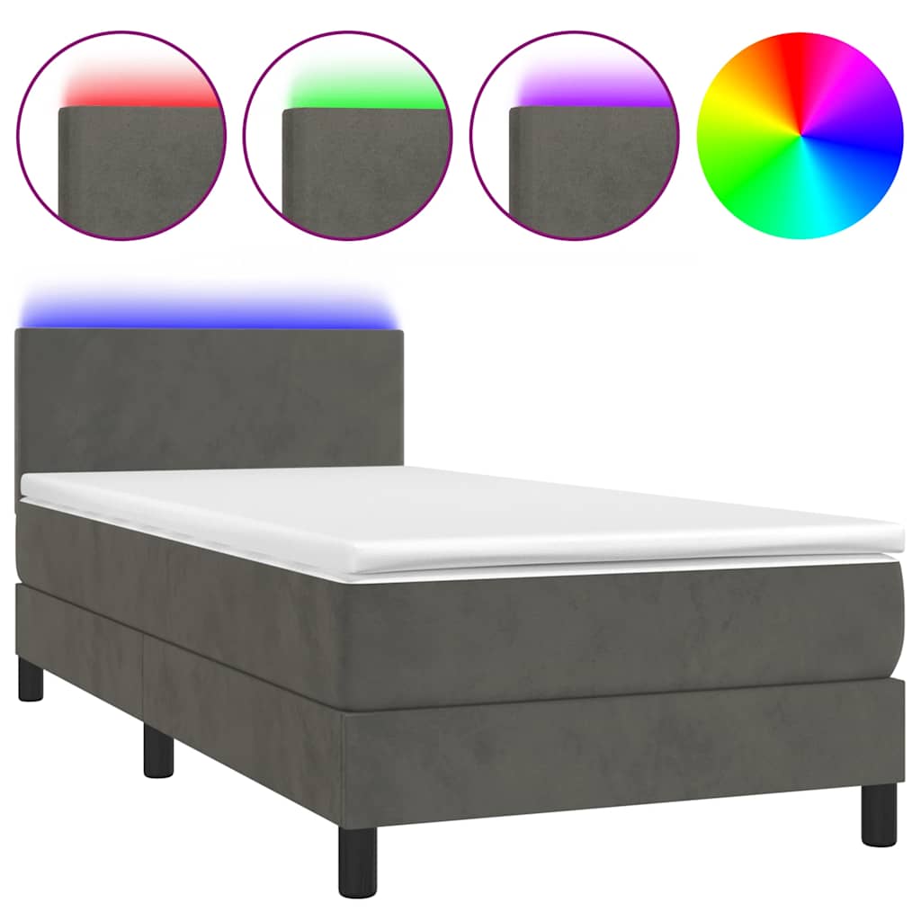vidaXL Κρεβάτι Boxspring με Στρώμα & LED Σκ. Γκρι 80x200 εκ. Βελούδινο