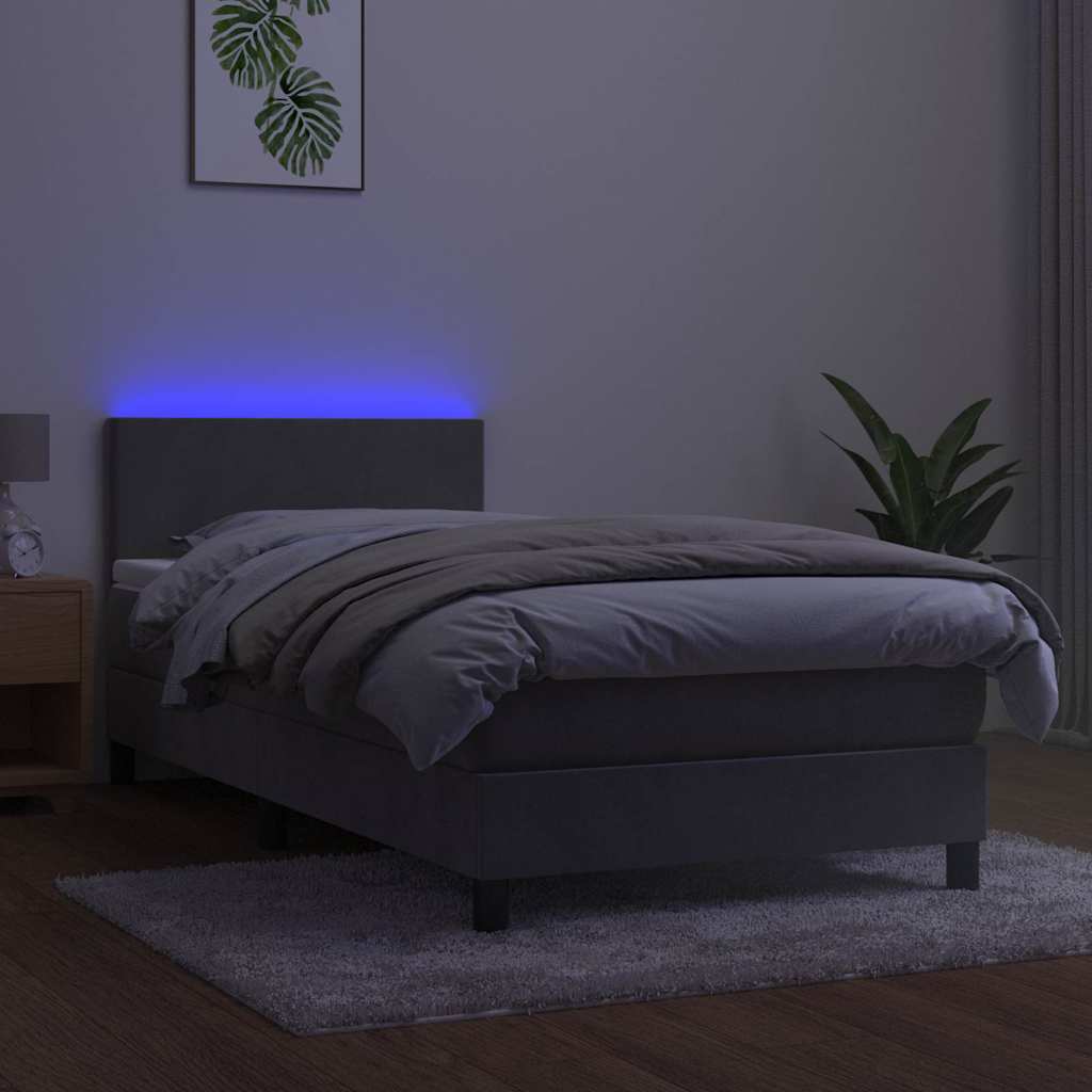 vidaXL Κρεβάτι Boxspring με Στρώμα & LED Αν.Γκρι 90x190 εκ. Βελούδινο