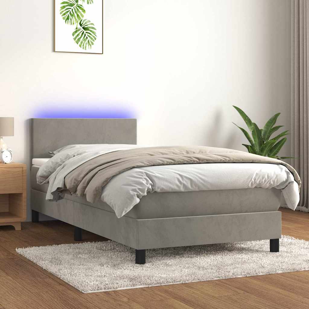 vidaXL Κρεβάτι Boxspring με Στρώμα & LED Αν.Γκρι 90x200 εκ. Βελούδινο