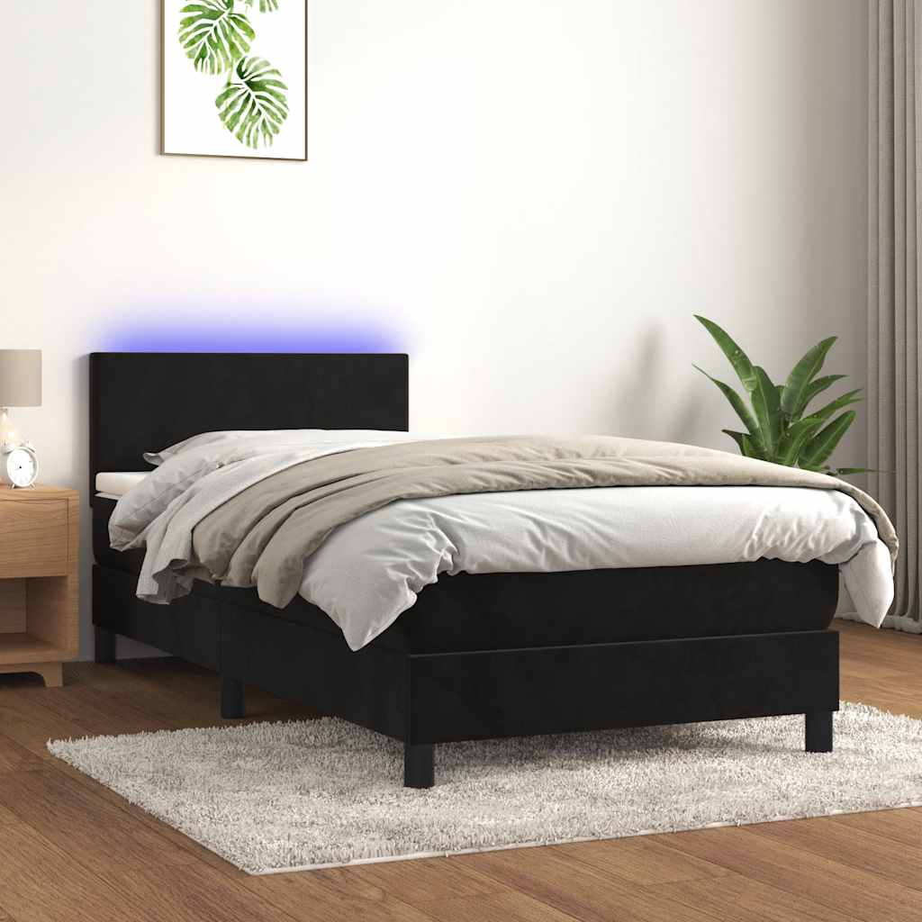 vidaXL Κρεβάτι Boxspring με Στρώμα & LED Μαύρο 90x200 εκ. Βελούδινο