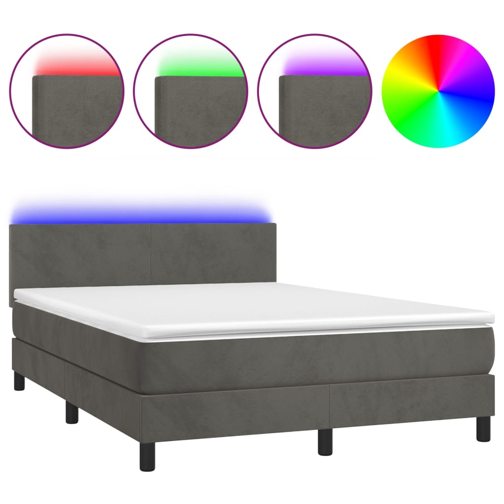 vidaXL Κρεβάτι Boxspring με Στρώμα & LED Σκ. Γκρι 140x200εκ. Βελούδινο