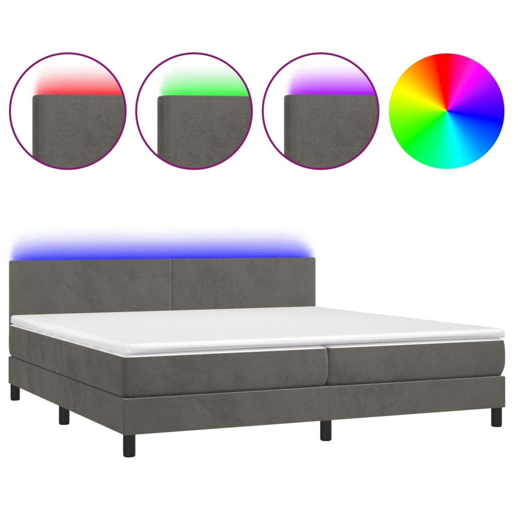 vidaXL Κρεβάτι Boxspring με Στρώμα & LED Σκ. Γκρι 200x200εκ. Βελούδινο