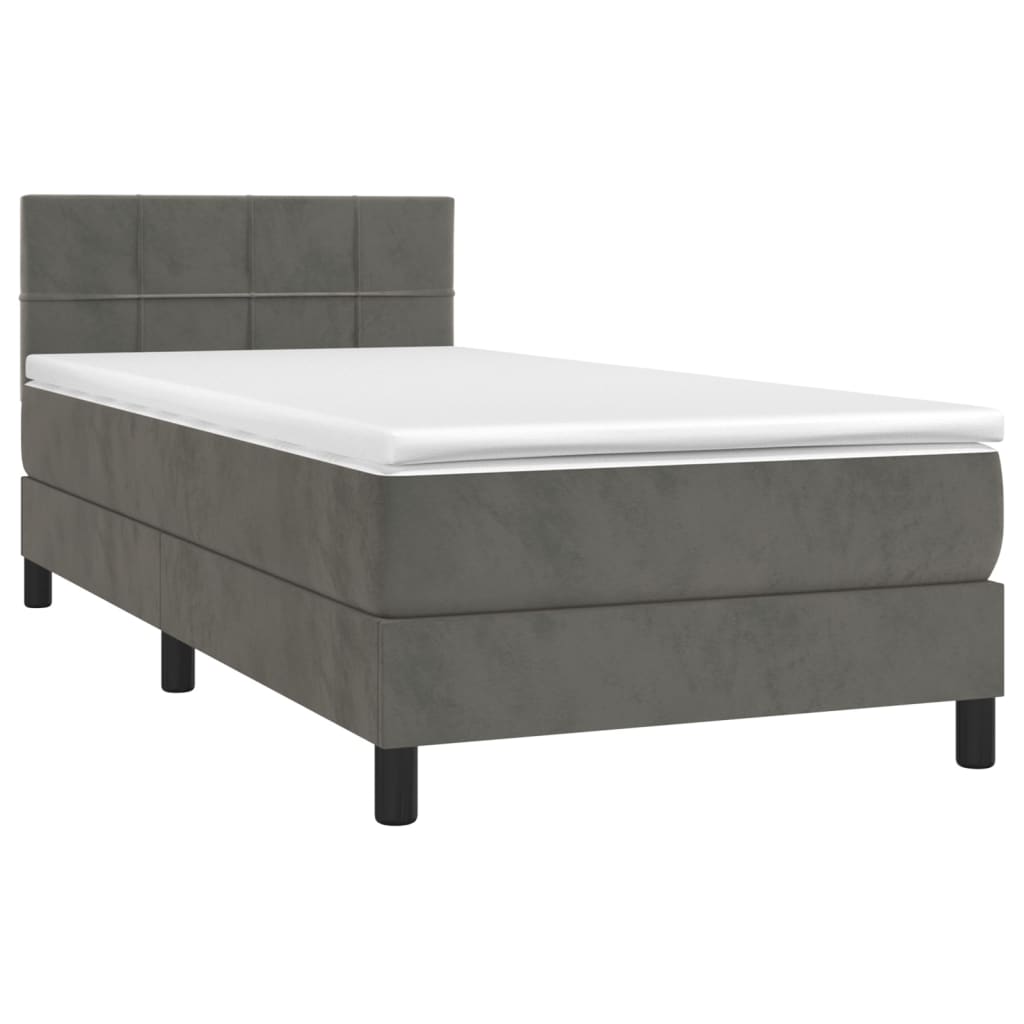 vidaXL Κρεβάτι Boxspring με Στρώμα & LED Σκ. Γκρι 90x200 εκ. Βελούδινο