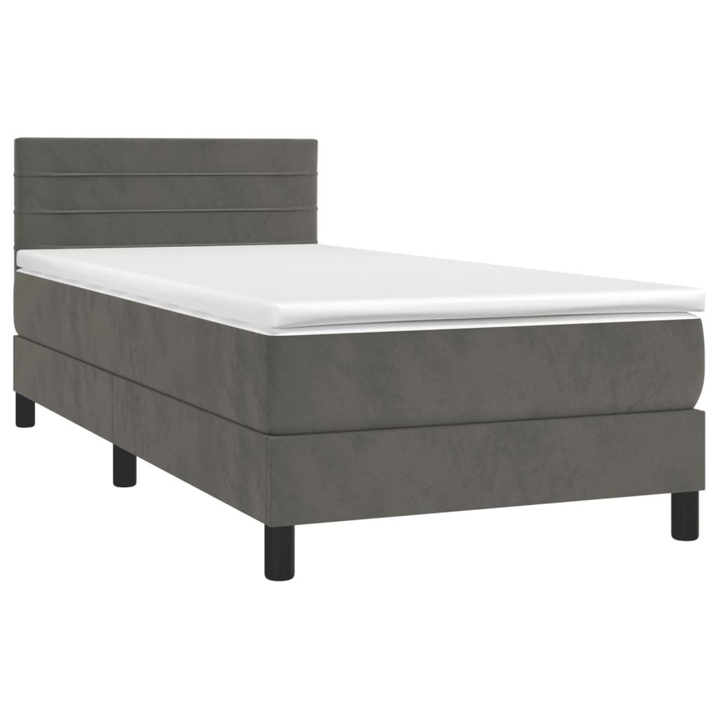 vidaXL Κρεβάτι Boxspring με Στρώμα & LED Σκ. Γκρι 100x200εκ. Βελούδινο