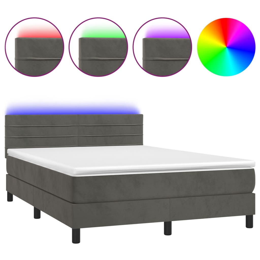 vidaXL Κρεβάτι Boxspring με Στρώμα & LED Σκ. Γκρι 140x190εκ. Βελούδινο