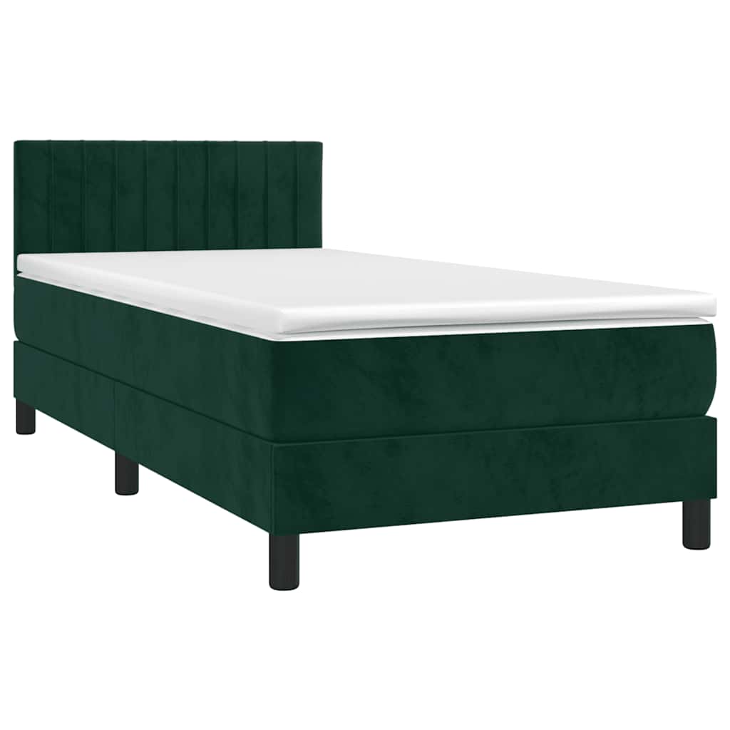 vidaXL Κρεβάτι Boxspring με Στρώμα & LED Σκ. Πράσινο 100x200εκ Βελούδο