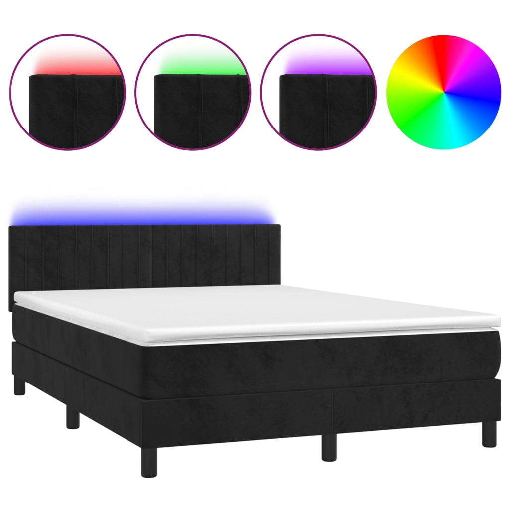 vidaXL Κρεβάτι Boxspring με Στρώμα & LED Μαύρο 140x200 εκ. Βελούδινο