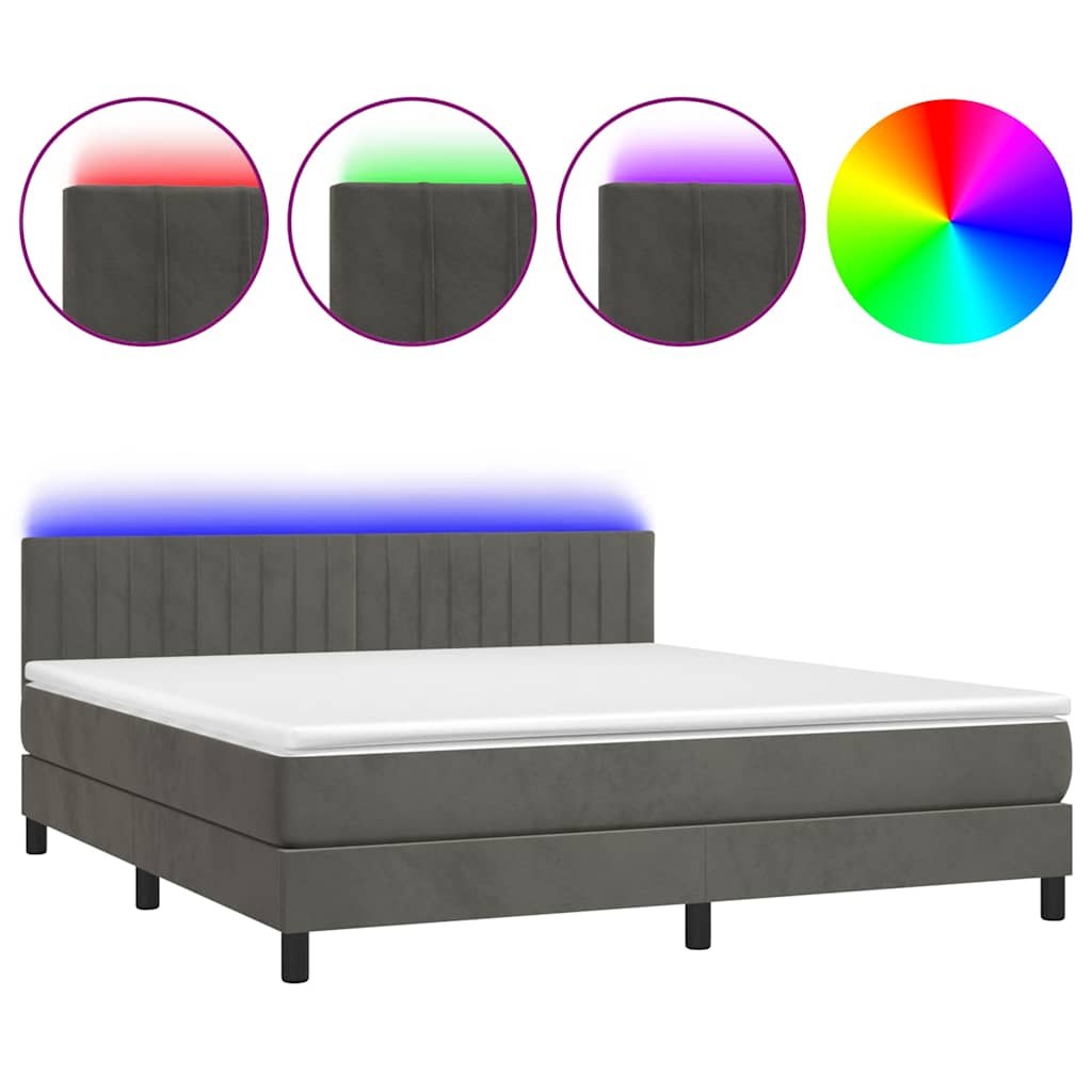 vidaXL Κρεβάτι Boxspring με Στρώμα & LED Σκ. Γκρι 160x200εκ. Βελούδινο