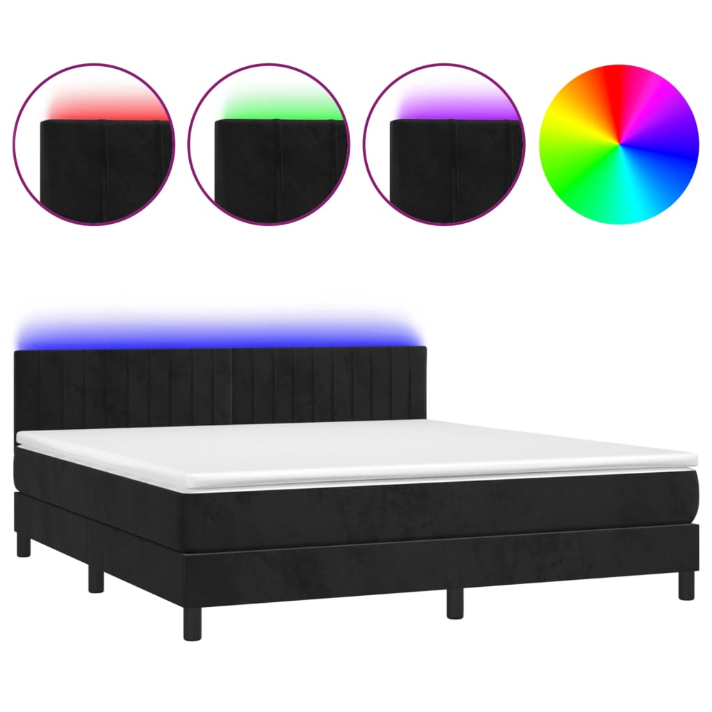 vidaXL Κρεβάτι Boxspring με Στρώμα & LED Μαύρο 180x200 εκ. Βελούδινο