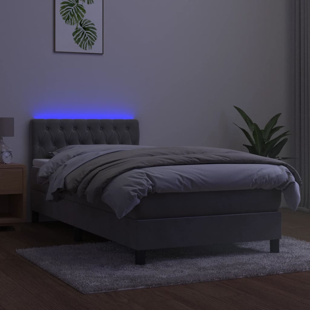 vidaXL Κρεβάτι Boxspring με Στρώμα & LED Αν.Γκρι 90x200 εκ. Βελούδινο
