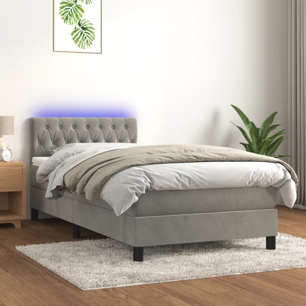 vidaXL Κρεβάτι Boxspring με Στρώμα & LED Αν.Γκρι 90x200 εκ. Βελούδινο