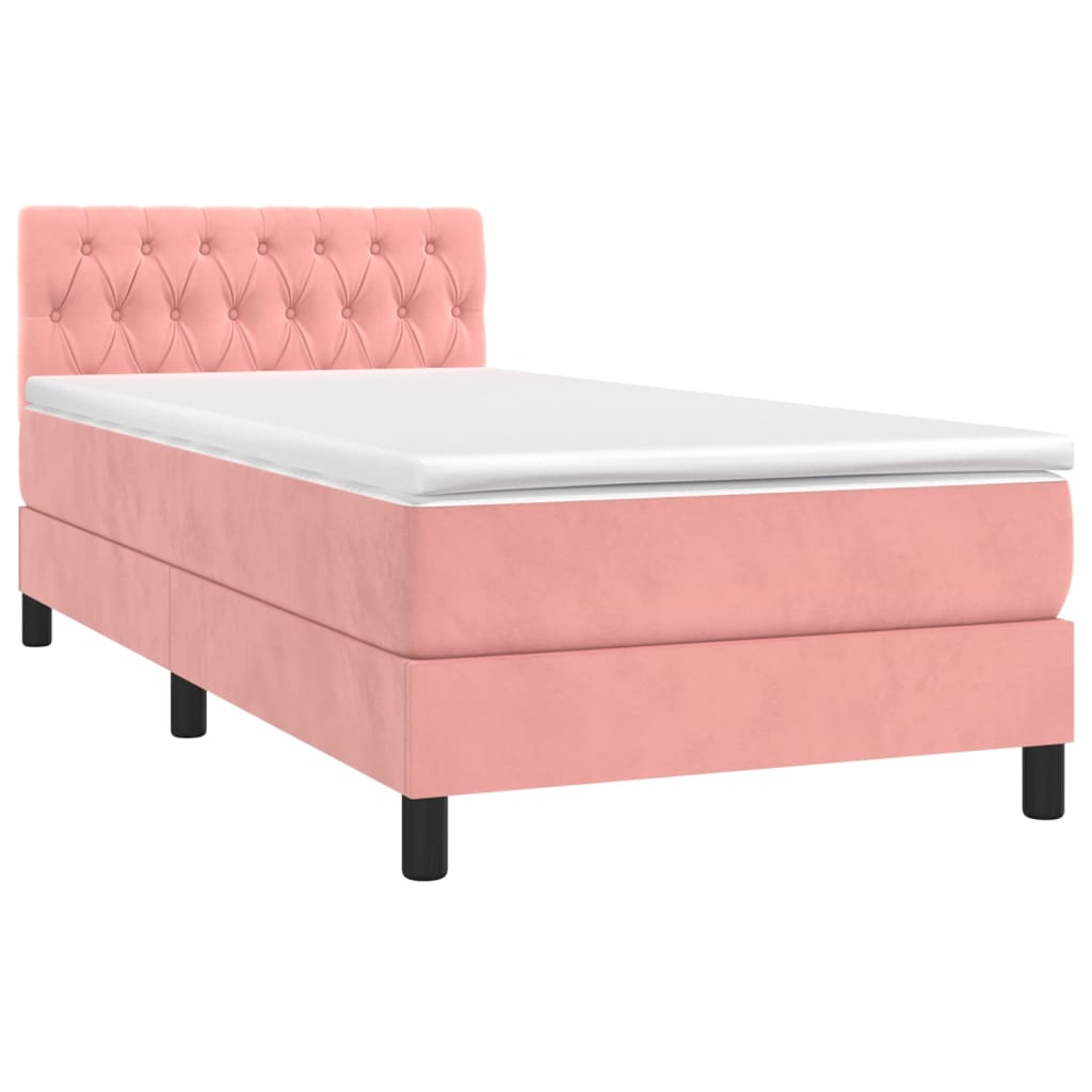vidaXL Κρεβάτι Boxspring με Στρώμα & LED Ροζ 90x200 εκ. Βελούδινο