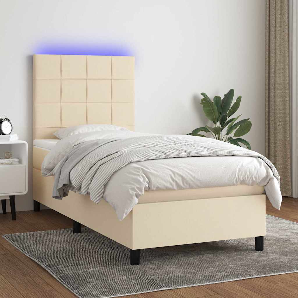 vidaXL Κρεβάτι Boxspring με Στρώμα & LED Κρεμ 90x200 εκ. Υφασμάτινο