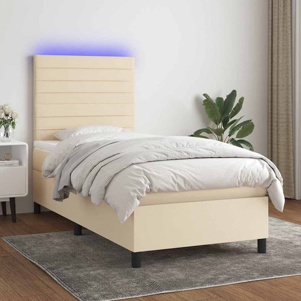 vidaXL Κρεβάτι Boxspring με Στρώμα & LED Κρεμ 90x200 εκ. Υφασμάτινο