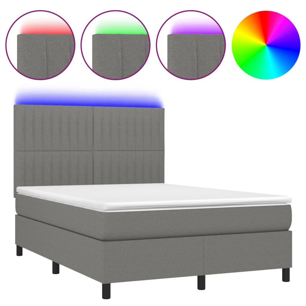 vidaXL Κρεβάτι Boxspring με Στρώμα & LED Σκ.Γκρι 140x190εκ. Υφασμάτινο