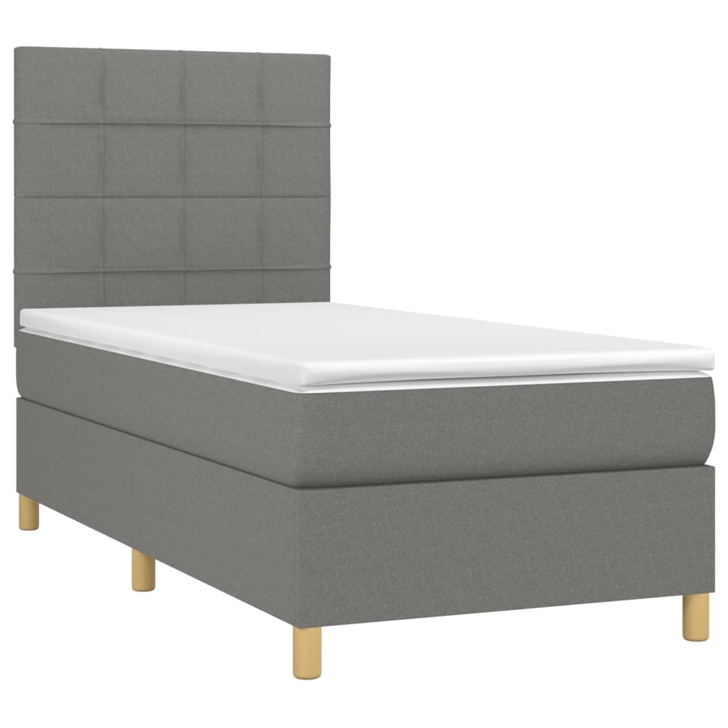 vidaXL Κρεβάτι Boxspring με Στρώμα & LED Σκ.Γκρι 90x200 εκ. Υφασμάτινο