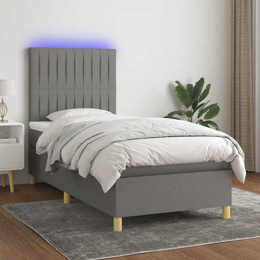 vidaXL Κρεβάτι Boxspring με Στρώμα & LED Σκ.Γκρι 100x200 εκ Υφασμάτινο