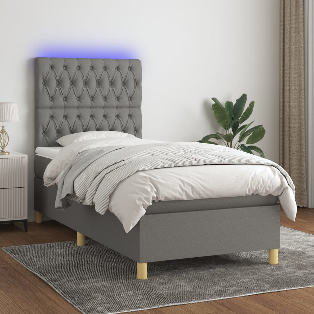 vidaXL Κρεβάτι Boxspring με Στρώμα & LED Σκ.Γκρι 90x190 εκ. Υφασμάτινο