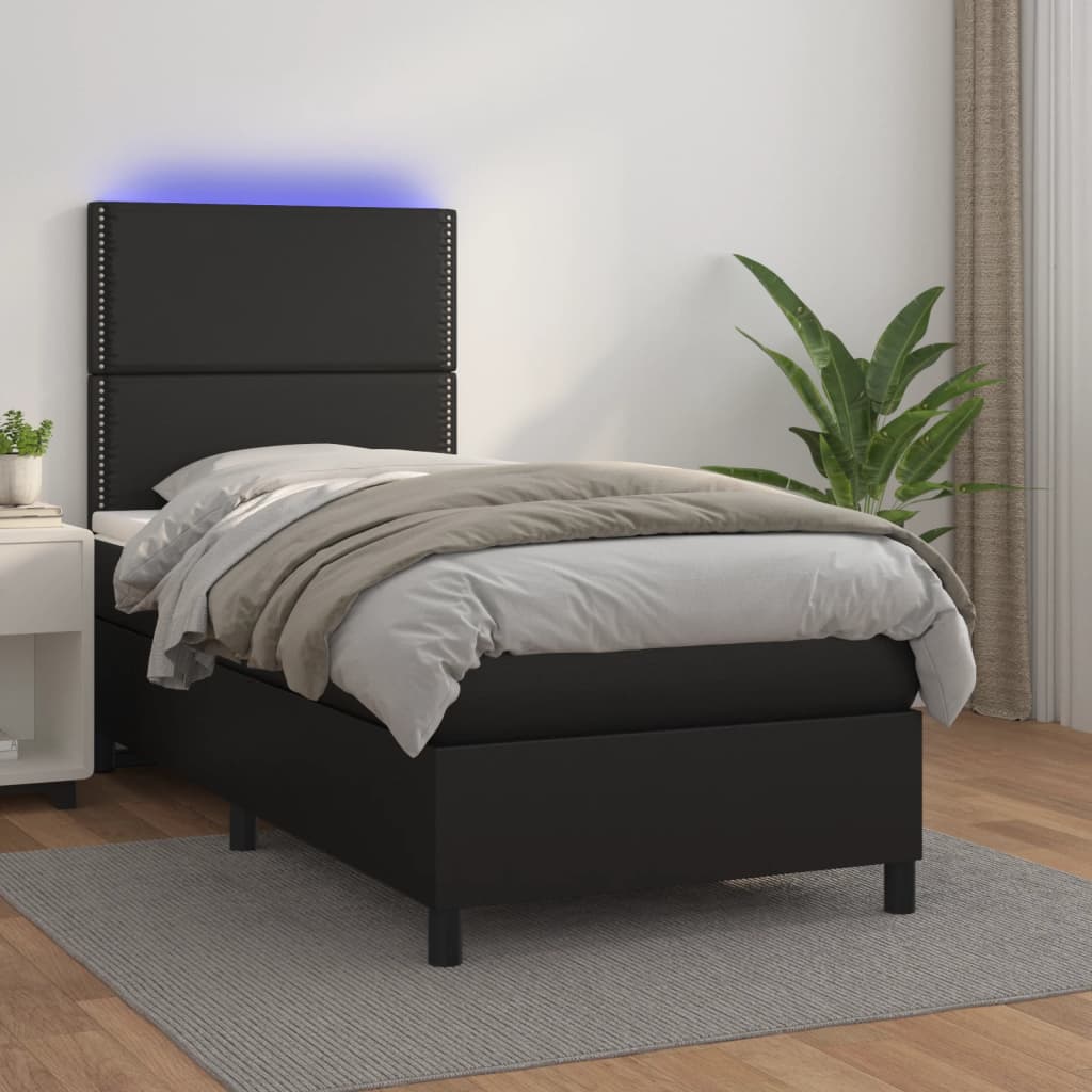 vidaXL Κρεβάτι Boxspring με Στρώμα & LED Μαύρο 100x200 εκ. Συνθ. Δέρμα