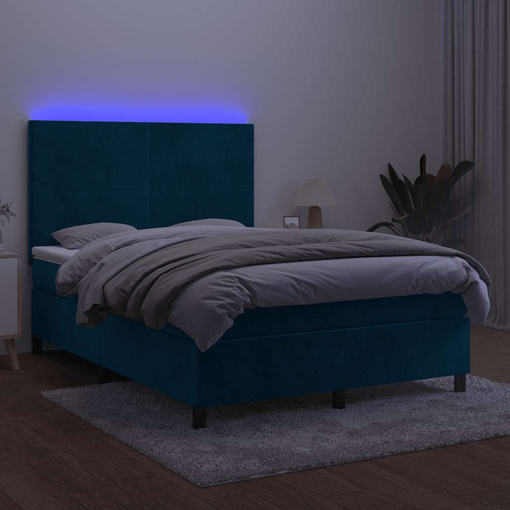 vidaXL Κρεβάτι Boxspring με Στρώμα & LED Σκ. Μπλε 140x190εκ. Βελούδινο