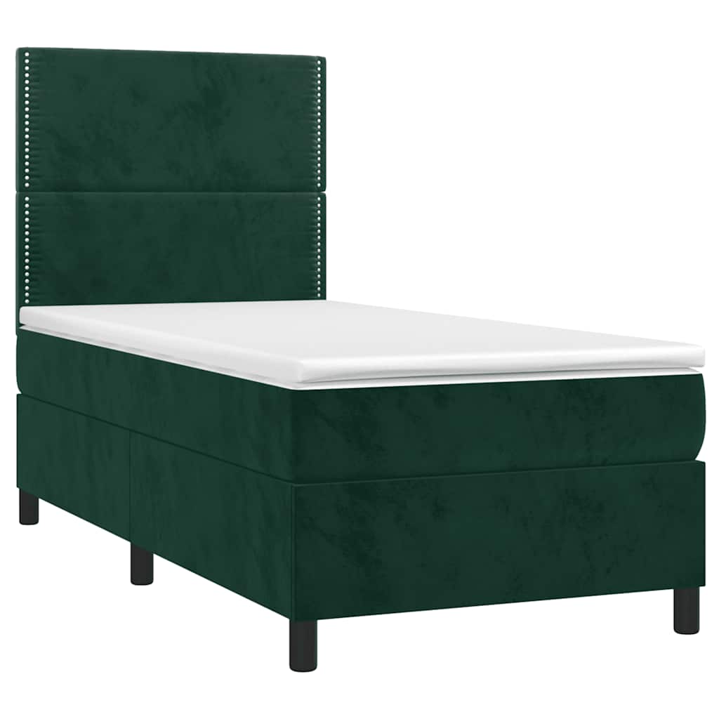 vidaXL Κρεβάτι Boxspring με Στρώμα & LED Σκ. Πράσινο 100x200εκ Βελούδο