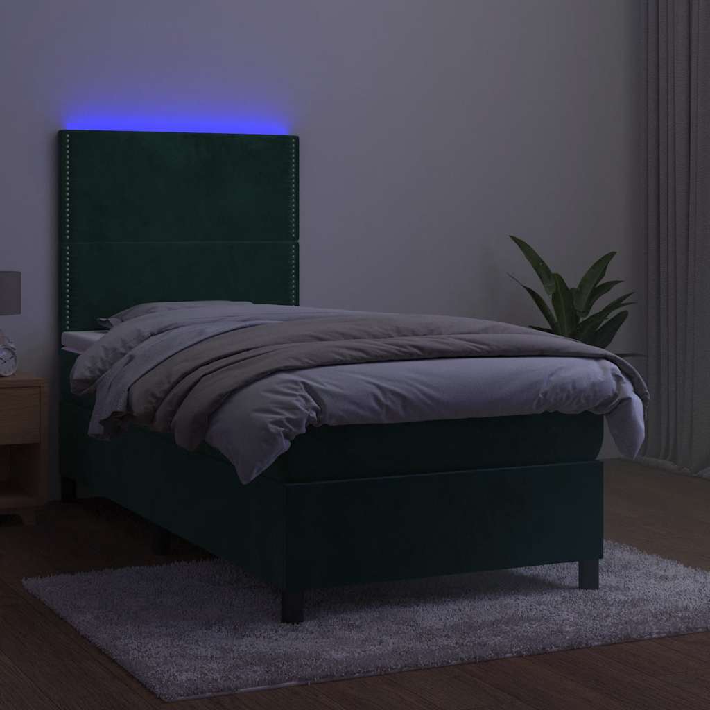 vidaXL Κρεβάτι Boxspring με Στρώμα & LED Σκ. Πράσινο 100x200εκ Βελούδο