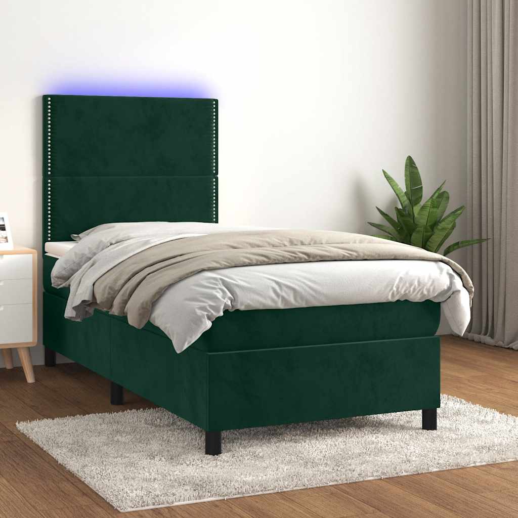 vidaXL Κρεβάτι Boxspring με Στρώμα & LED Σκ. Πράσινο 100x200εκ Βελούδο