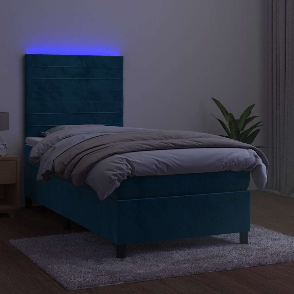 vidaXL Κρεβάτι Boxspring με Στρώμα & LED Σκ. Μπλε 90x200 εκ. Βελούδινο