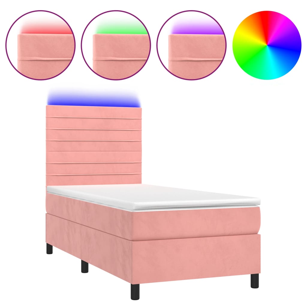 vidaXL Κρεβάτι Boxspring με Στρώμα & LED Ροζ 100x200 εκ. Βελούδινο