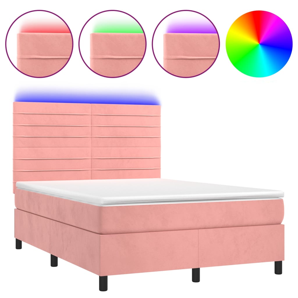 vidaXL Κρεβάτι Boxspring με Στρώμα & LED Ροζ 140x190 εκ. Βελούδινο