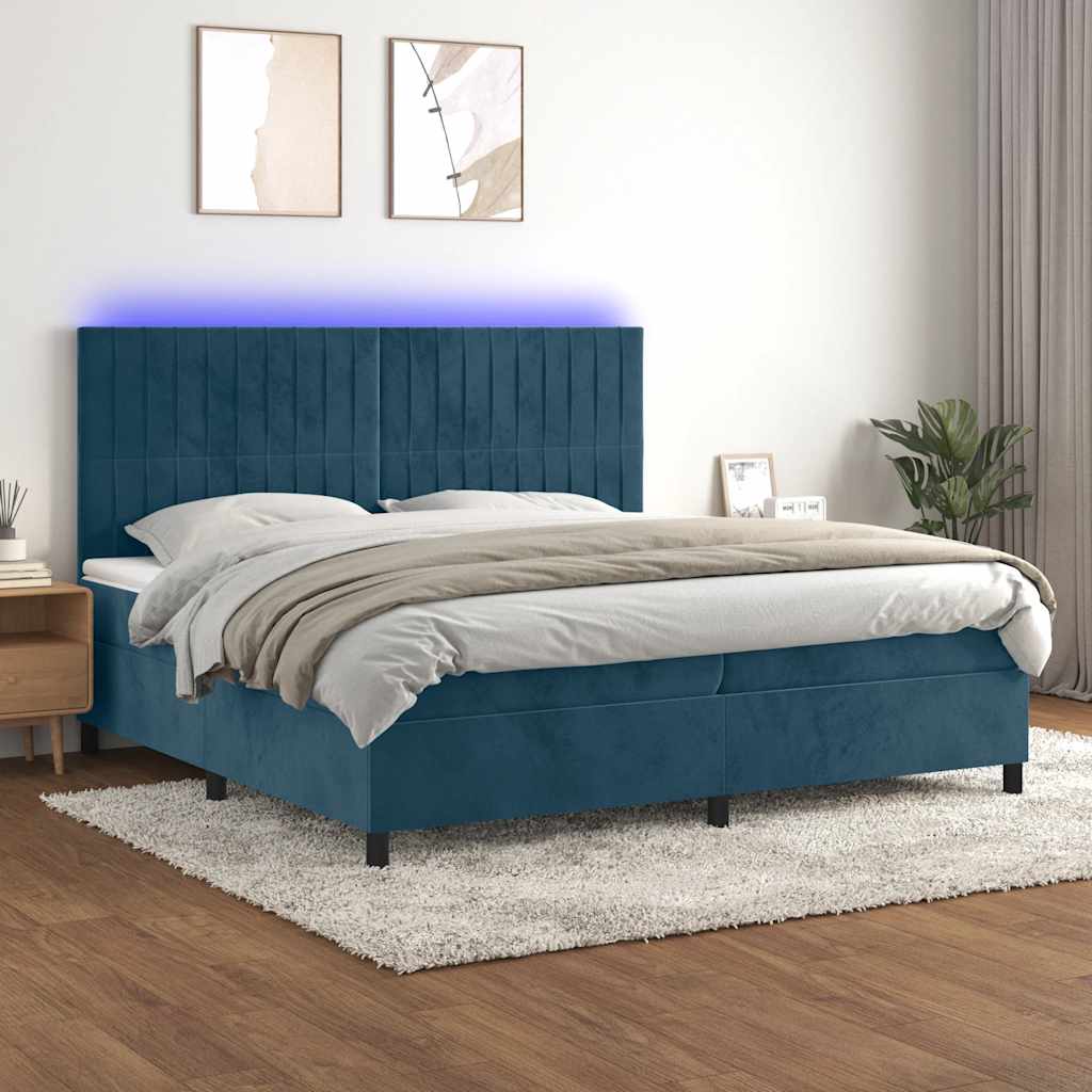 vidaXL Κρεβάτι Boxspring με Στρώμα & LED Σκ. Μπλε 200x200εκ. Βελούδινο