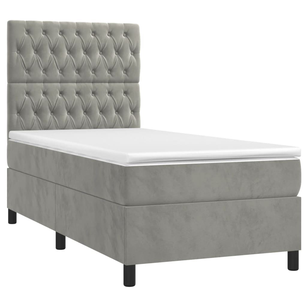 vidaXL Κρεβάτι Boxspring με Στρώμα & LED Αν.Γκρι 90x200 εκ. Βελούδινο
