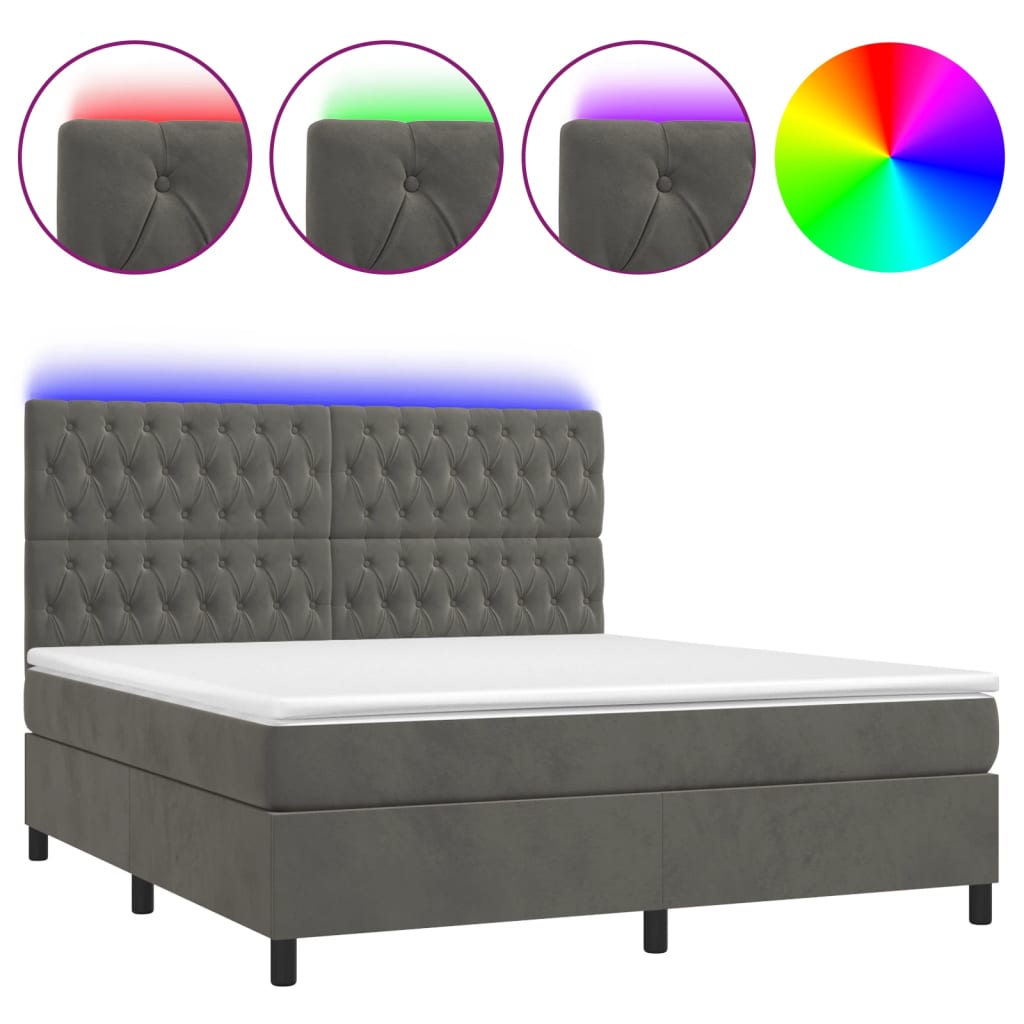 vidaXL Κρεβάτι Boxspring με Στρώμα & LED Σκ. Γκρι 180x200εκ. Βελούδινο