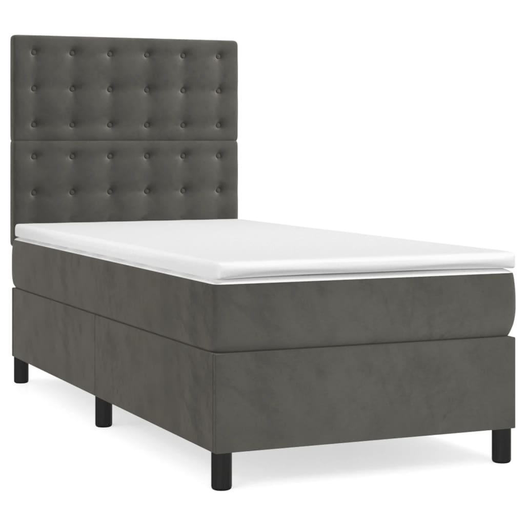 vidaXL Κρεβάτι Boxspring με Στρώμα & LED Σκ. Γκρι 90x190 εκ. Βελούδινο
