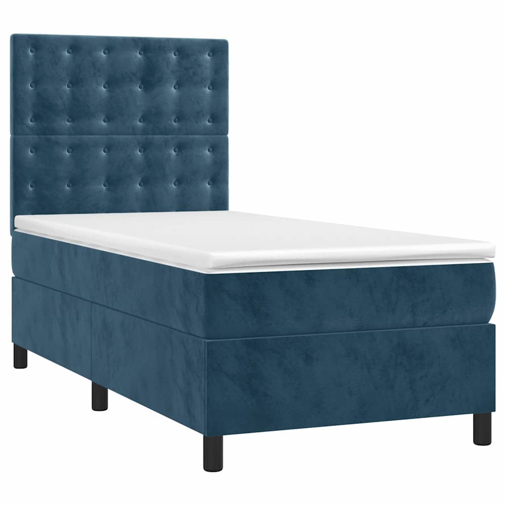vidaXL Κρεβάτι Boxspring με Στρώμα & LED Σκ. Μπλε 90x200 εκ. Βελούδινο