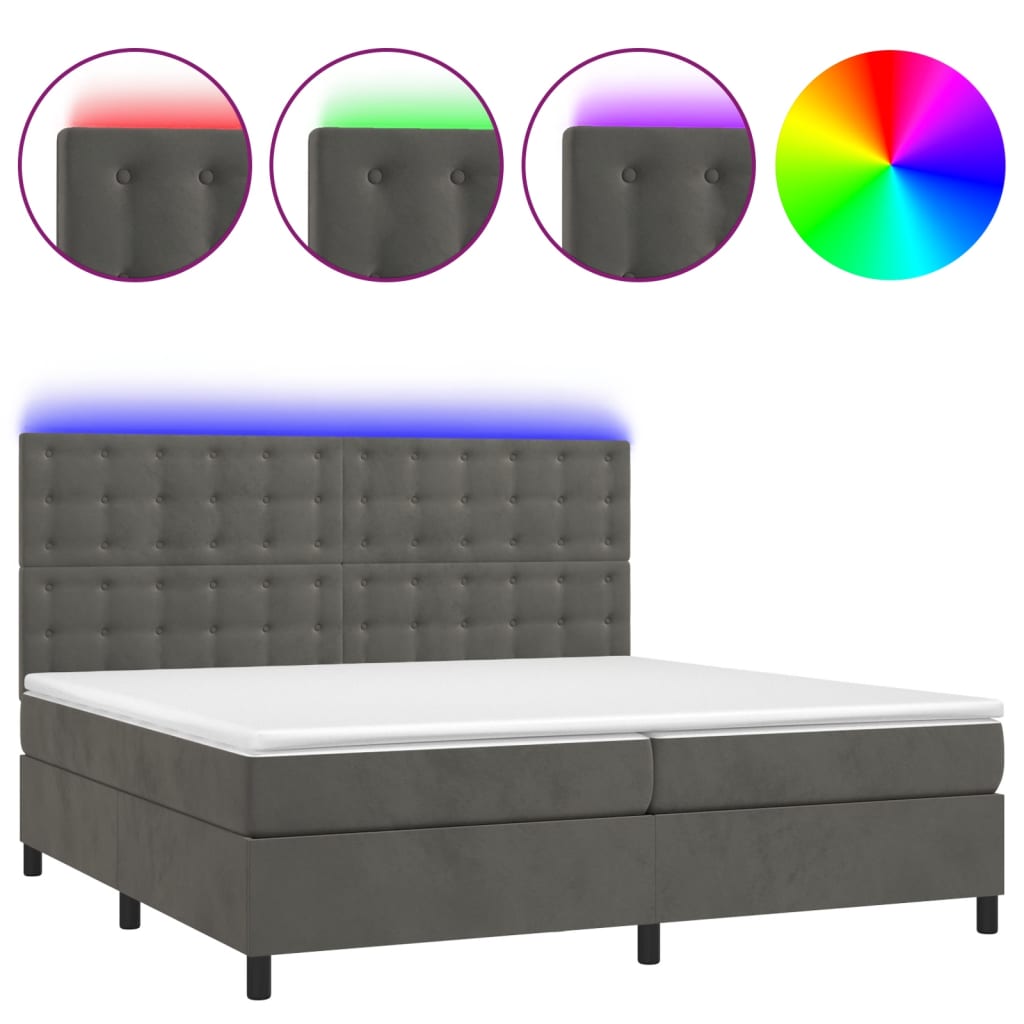 vidaXL Κρεβάτι Boxspring με Στρώμα & LED Σκ. Γκρι 200x200εκ. Βελούδινο