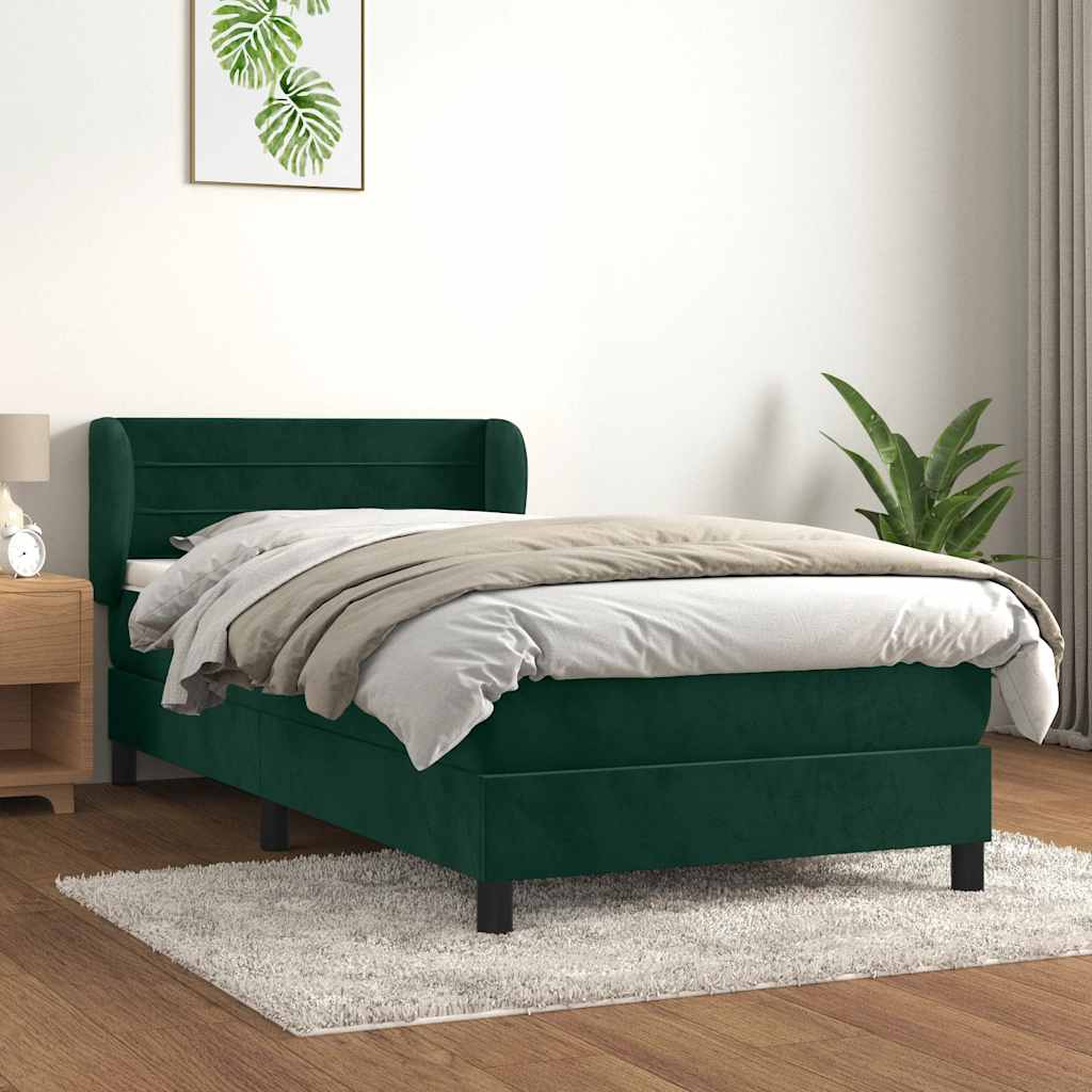 vidaXL Κρεβάτι Boxspring με Στρώμα Σκούρο Πράσινο 90x190 εκ. Βελούδινο