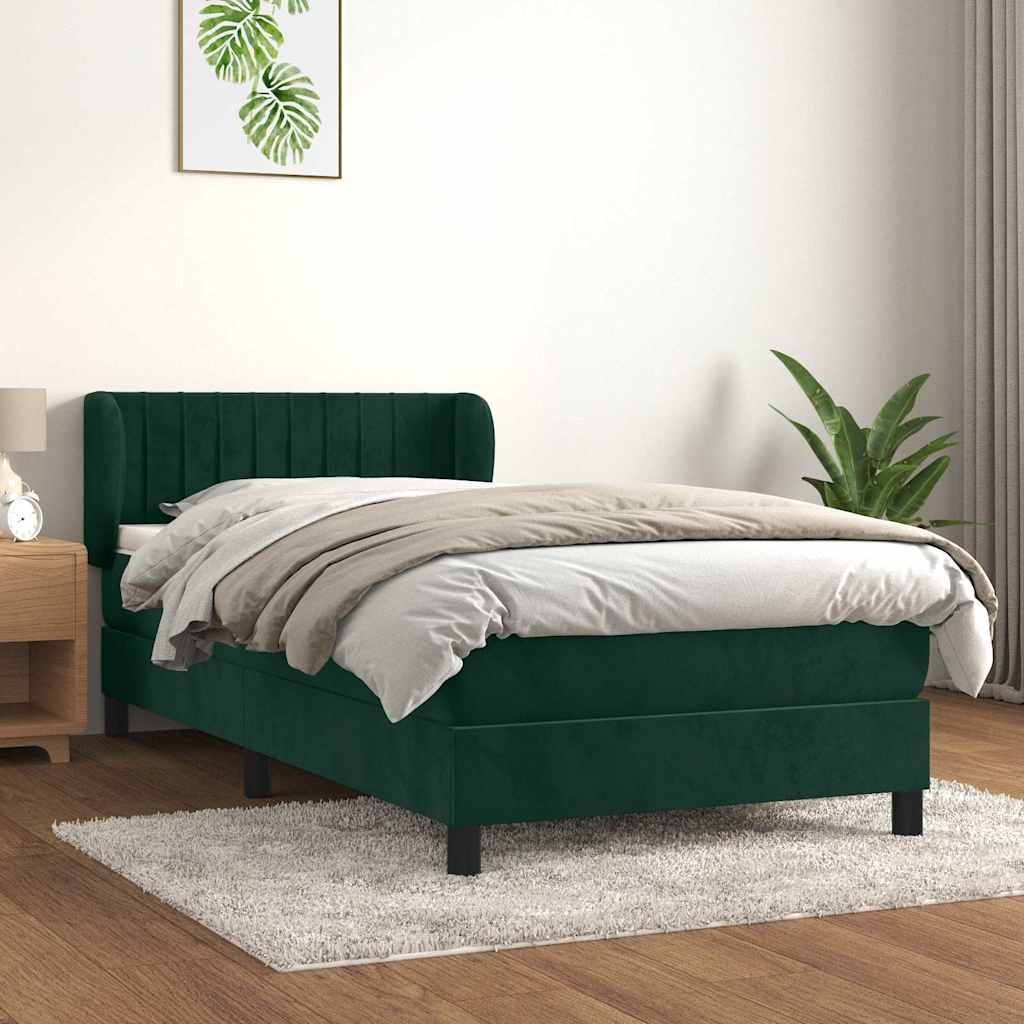 vidaXL Κρεβάτι Boxspring με Στρώμα Σκούρο Πράσινο 90x190 εκ. Βελούδινο
