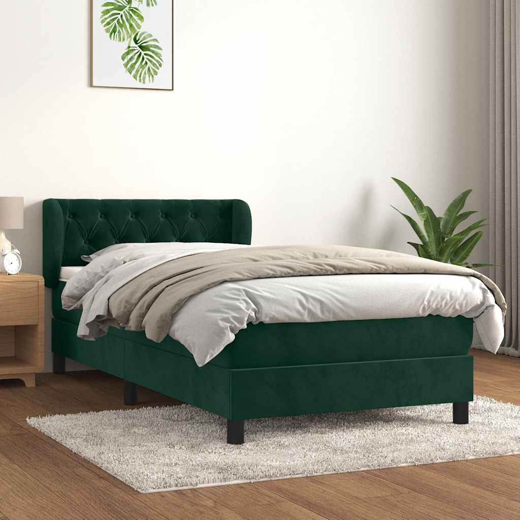 vidaXL Κρεβάτι Boxspring με Στρώμα Σκούρο Πράσινο 90x200 εκ. Βελούδινο